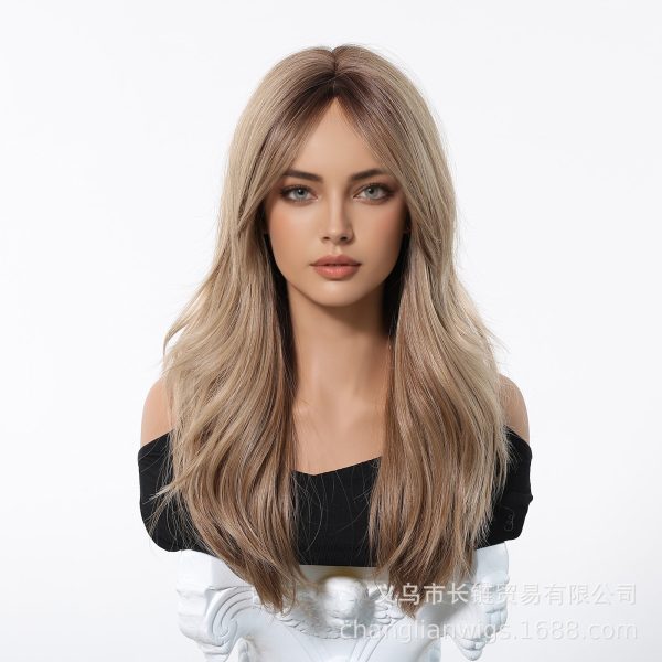 Honey Blonde Balayage Long Wavy Wig with Bangs – Golden Sun-Kissed Synthetic Hair