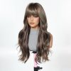 24 Inch Ash Brown Body Wave Wig with Bangs – Caramel Synthetic Hair