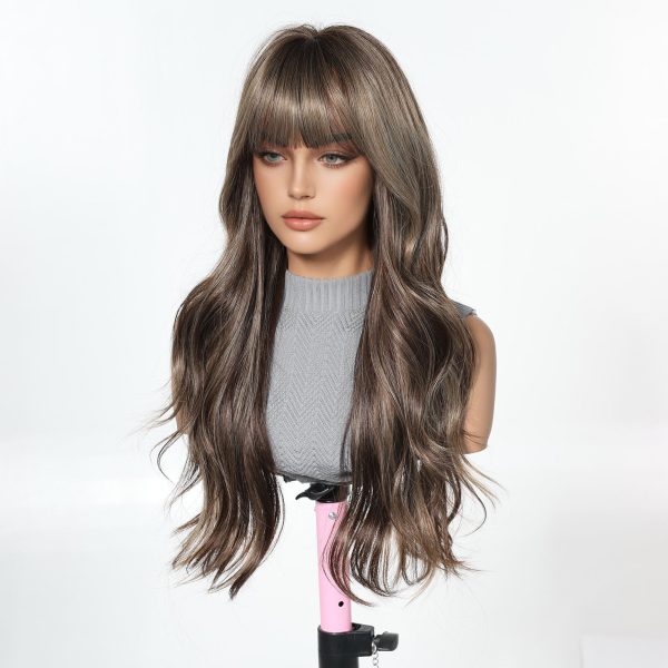 24 Inch Ash Brown Body Wave Wig with Bangs – Caramel Synthetic Hair