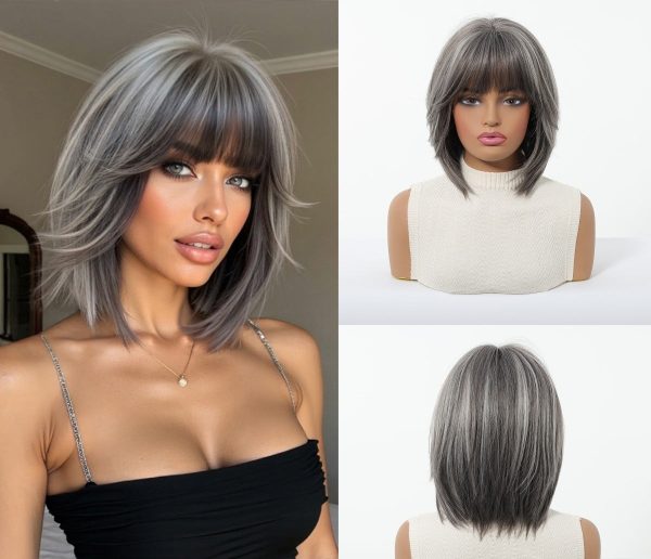 12 Inch Silver Grey Bob Wig with Bangs - Layered Shoulder-Length Synthetic Hair 12 Inch Silver Grey Bob Wig with Bangs – Layered Shoulder-Length Synthetic Hair
