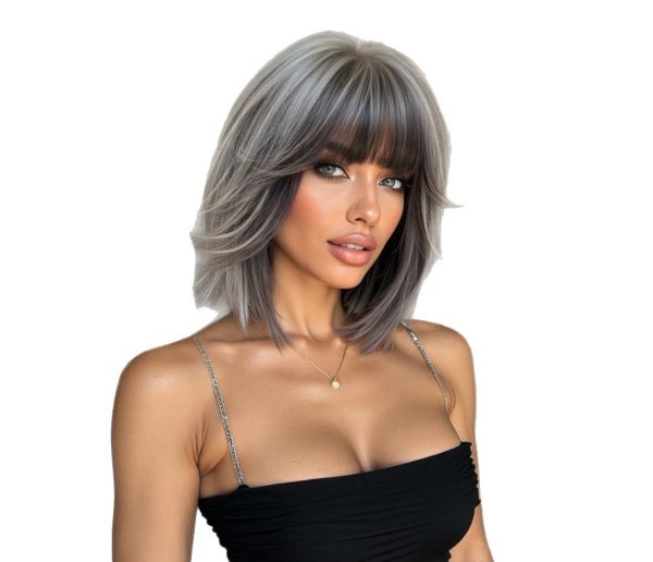 12 Inch Silver Grey Bob Wig with Bangs - Layered Shoulder-Length Synthetic Hair 12 Inch Silver Grey Bob Wig with Bangs – Layered Shoulder-Length Synthetic Hair