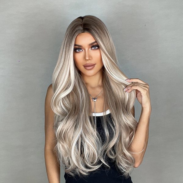 28 Inch Light Ash Blonde Long Wavy Wig – Middle Part Natural Root Look 28 Inch Light Ash Blonde Long Wavy Wig – Middle Part Natural Root Look