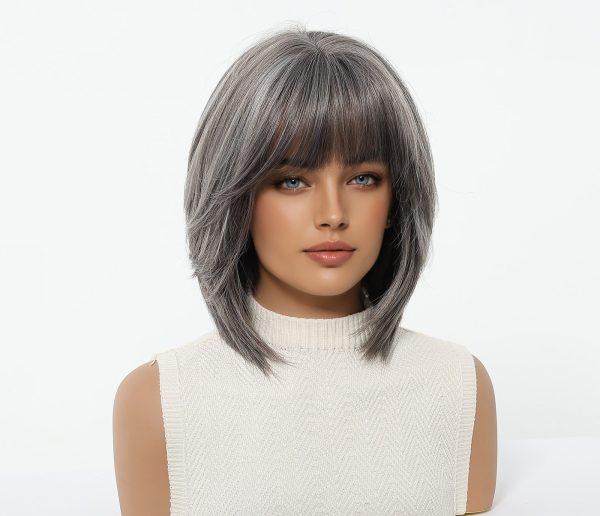 12 Inch Silver Grey Bob Wig with Bangs - Layered Shoulder-Length Synthetic Hair 12 Inch Silver Grey Bob Wig with Bangs – Layered Shoulder-Length Synthetic Hair