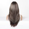 Brown Long Straight Wig with Blonde Highlights & Bangs – Warm Highlighted Synthetic Hair Brown Long Straight Wig with Blonde Highlights & Bangs – Warm Highlighted Synthetic Hair