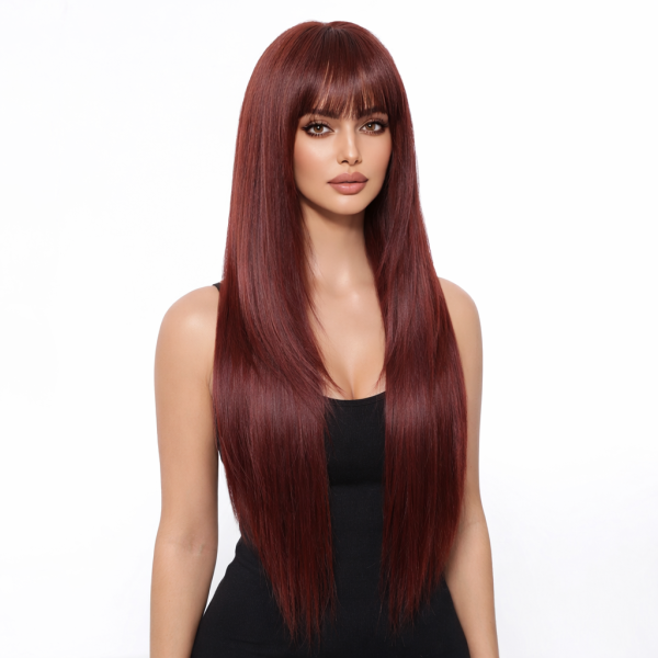 28 Inch Burgundy Straight Wig with Bangs – Wine Red Synthetic Hair 28 Inch Burgundy Straight Wig with Bangs – Wine Red Synthetic Hair