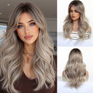 24 Inch Ash Blonde Long Wavy Wig with Bangs – Dark-Rooted Beachy Synthetic Hair 24 Inch Ash Blonde Long Wavy Wig with Bangs – Dark-Rooted Beachy Synthetic Hair