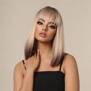 Ash Blonde Rooted Short Bob Wig – Dark Brown to Platinum Balayage Synthetic Hair Ash Blonde Rooted Short Bob Wig – Dark Brown to Platinum Balayage Synthetic Hair