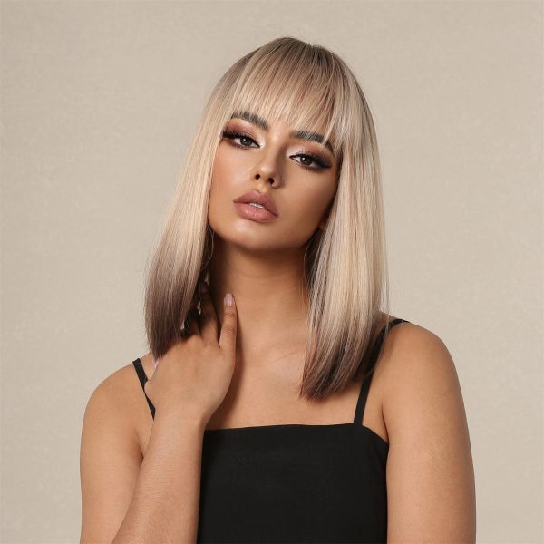 Ash Blonde Rooted Short Bob Wig – Dark Brown to Platinum Balayage Synthetic Hair