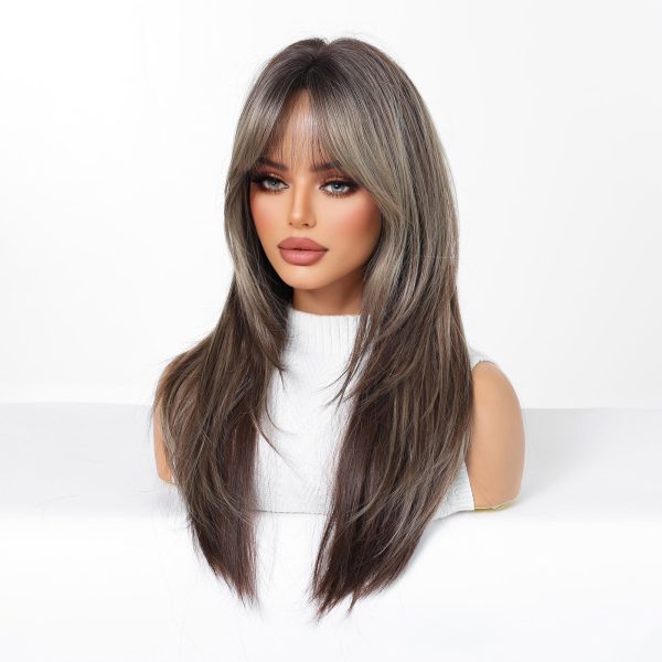 Brown Long Straight Wig with Blonde Highlights & Bangs – Warm Highlighted Synthetic Hair Brown Long Straight Wig with Blonde Highlights & Bangs – Warm Highlighted Synthetic Hair