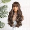 26 Inch Chestnut Brown Long Wavy Wig with Bangs – Warm Body Wave Synthetic Hair