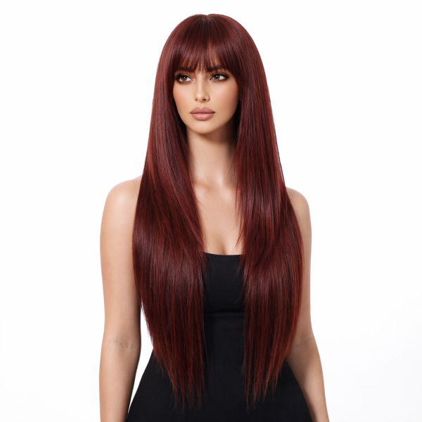 28 Inch Burgundy Straight Wig with Bangs – Wine Red Synthetic Hair 28 Inch Burgundy Straight Wig with Bangs – Wine Red Synthetic Hair