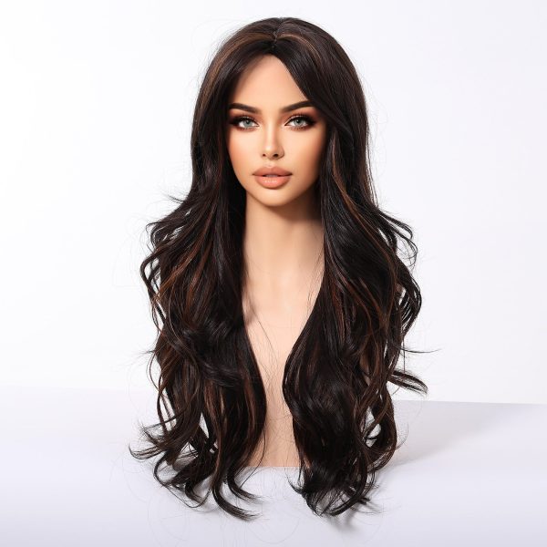 24 Inch Dark Brown Deep Wave Wig with Bangs – Chestnut Synthetic Hair