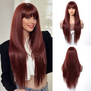 28 Inch Burgundy Straight Wig with Bangs – Wine Red Synthetic Hair 28 Inch Burgundy Straight Wig with Bangs – Wine Red Synthetic Hair