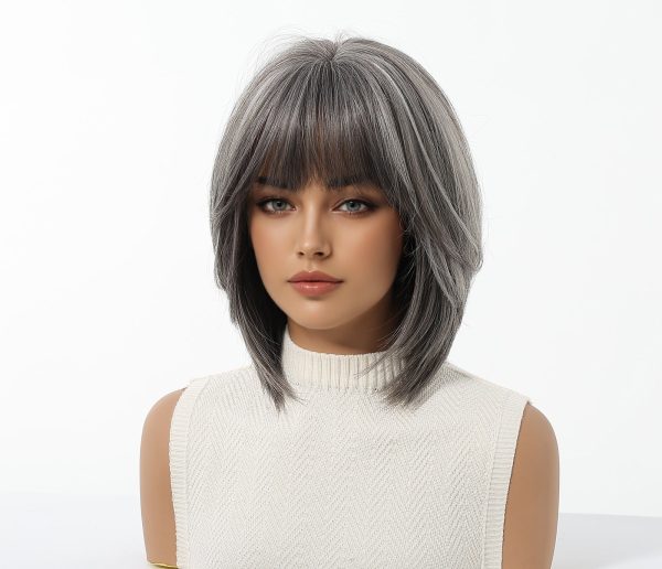 12 Inch Silver Grey Bob Wig with Bangs - Layered Shoulder-Length Synthetic Hair 12 Inch Silver Grey Bob Wig with Bangs – Layered Shoulder-Length Synthetic Hair