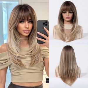 22 Inch Honey Blonde Balayage Straight Wig with Bangs – Warm Rooted Synthetic Hair 22 Inch Honey Blonde Balayage Straight Wig with Bangs – Warm Rooted Synthetic Hair