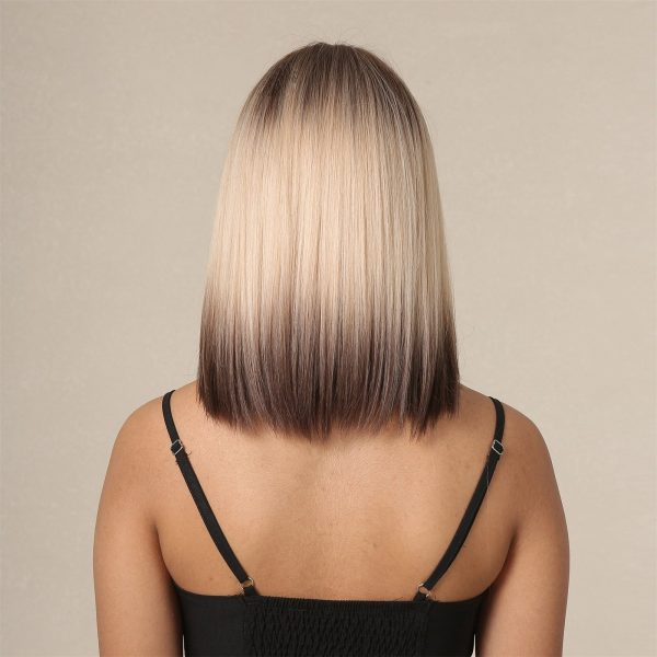 Ash Blonde Rooted Short Bob Wig – Dark Brown to Platinum Balayage Synthetic Hair