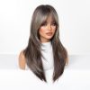 Brown Long Straight Wig with Blonde Highlights & Bangs – Warm Highlighted Synthetic Hair Brown Long Straight Wig with Blonde Highlights & Bangs – Warm Highlighted Synthetic Hair