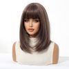 Dark Brown Short Bob Wig with Bangs – Warm Ash Brown Straight Synthetic Hair 14 Inch