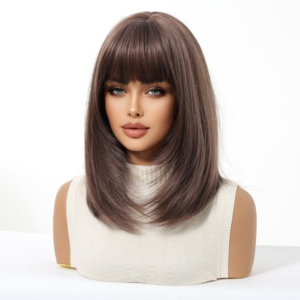 Dark Brown Short Bob Wig with Bangs – Warm Ash Brown Straight Synthetic Hair 14 Inch