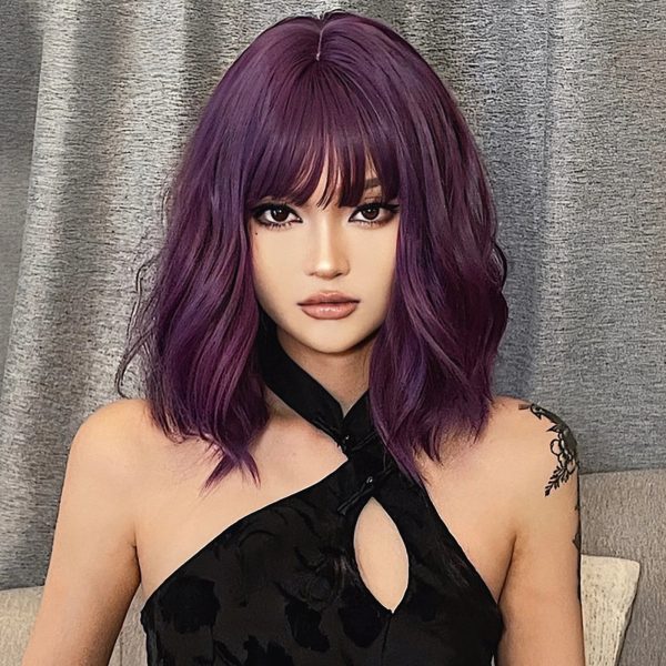 Deep Purple Body Wave Wig with Bangs – Vivid Fashion Color Synthetic Hair Deep Purple Body Wave Wig with Bangs – Vivid Fashion Color Synthetic Hair