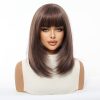 Dark Brown Short Bob Wig with Bangs – Warm Ash Brown Straight Synthetic Hair 14 Inch