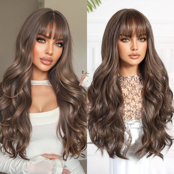 26 Inch Chestnut Brown Long Wavy Wig with Bangs – Warm Body Wave Synthetic Hair