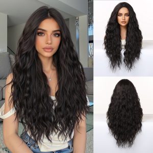 28 Inch Jet Black Extra-Long Deep Wave Wig – No Bangs Synthetic Hair