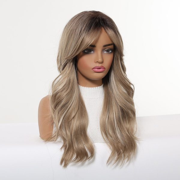 Brown Blonde Balayage Long Wavy Wig with Bangs – Rooted Synthetic Hair