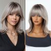 16 Inch Ash Blonde Rooted Bob Wig with Bangs - Silver Synthetic Hair 16 Inch Ash Blonde Rooted Bob Wig with Bangs – Silver Synthetic Hair
