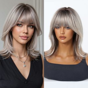 16 Inch Ash Blonde Rooted Bob Wig with Bangs – Silver Synthetic Hair