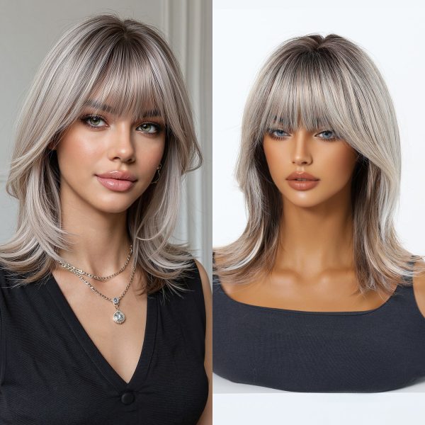 16 Inch Ash Blonde Rooted Bob Wig with Bangs - Silver Synthetic Hair 16 Inch Ash Blonde Rooted Bob Wig with Bangs – Silver Synthetic Hair