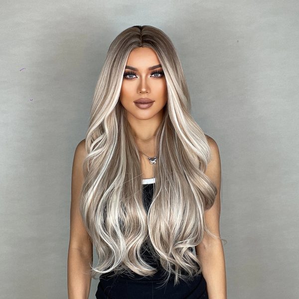 28 Inch Light Ash Blonde Long Wavy Wig – Middle Part Natural Root Look 28 Inch Light Ash Blonde Long Wavy Wig – Middle Part Natural Root Look