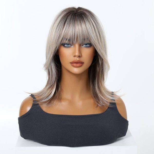 16 Inch Ash Blonde Rooted Bob Wig with Bangs - Silver Synthetic Hair 16 Inch Ash Blonde Rooted Bob Wig with Bangs – Silver Synthetic Hair