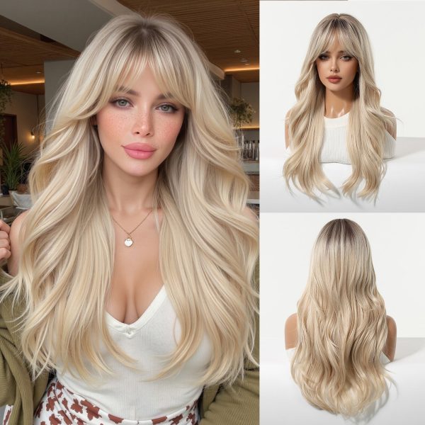 24 Inch Platinum Blonde Body Wave Wig with Bangs – Synthetic Hair