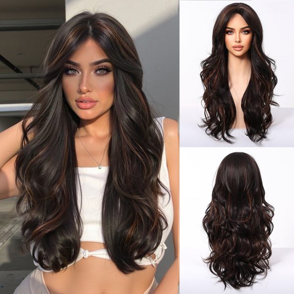 24 Inch Dark Brown Deep Wave Wig with Bangs – Chestnut Synthetic Hair
