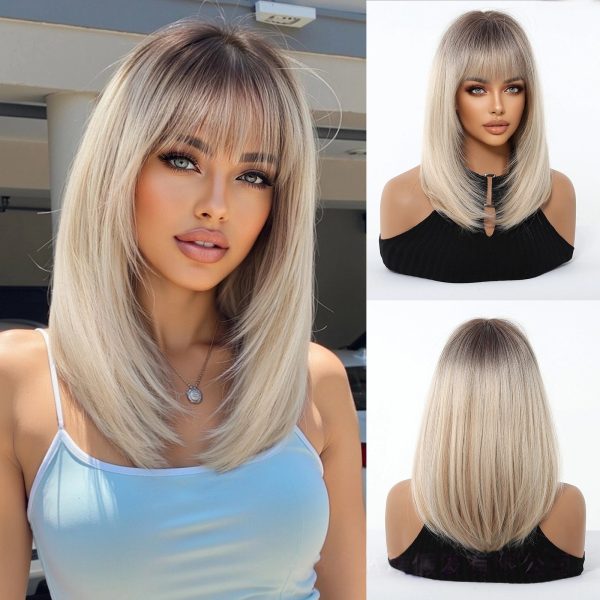 14 Inch Ash Blonde Short Bob Wig with Bangs – Sleek Cool-Tone Synthetic Hair