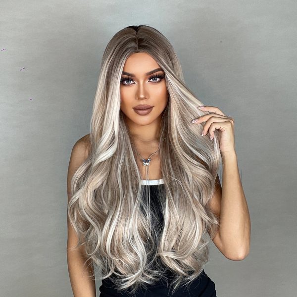 28 Inch Light Ash Blonde Long Wavy Wig – Middle Part Natural Root Look 28 Inch Light Ash Blonde Long Wavy Wig – Middle Part Natural Root Look