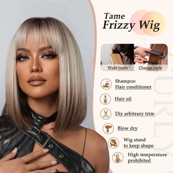 Ash Blonde Rooted Short Bob Wig – Dark Root Silver Tip Synthetic Hair