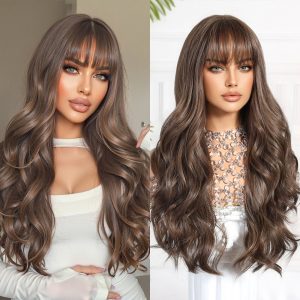 Chestnut Brown Caramel Long Deep Wave Wig with Bangs – Warm Dimensional Synthetic Hair