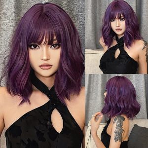 Deep Purple Body Wave Wig with Bangs – Vivid Fashion Color Synthetic Hair