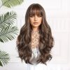 26 Inch Chestnut Brown Long Wavy Wig with Bangs – Warm Body Wave Synthetic Hair