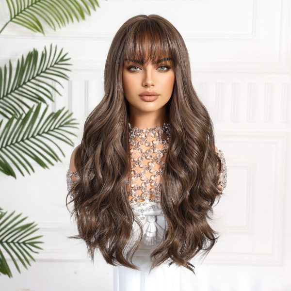 26 Inch Chestnut Brown Long Wavy Wig with Bangs – Warm Body Wave Synthetic Hair