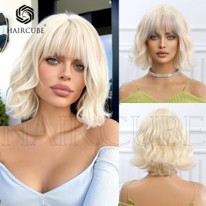Platinum Blonde Short Bob Wig with Bangs – Uniform Icy Tone Body Wave 10 Inch