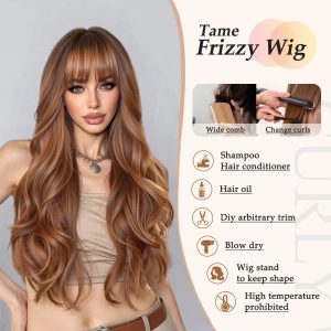 Warm Brown Caramel Long Body Wave Wig – Balayage Highlighted Synthetic Hair