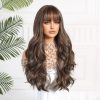 26 Inch Chestnut Brown Long Wavy Wig with Bangs – Warm Body Wave Synthetic Hair