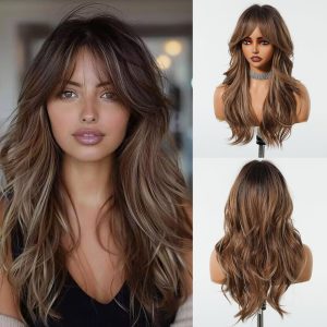 24 Inch Warm Chestnut Brown Long Wavy Wig with Bangs – Layered Synthetic Hair 24 Inch Warm Chestnut Brown Long Wavy Wig with Bangs – Layered Synthetic Hair