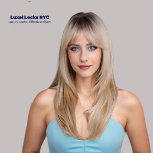 Honey Blonde Balayage Long Straight Wig with Bangs – Warm Brown Rooted Synthetic Hair