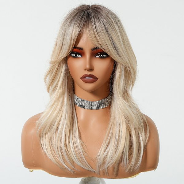Ash Blonde Long Wavy Wig with Bangs – Cool Multi-Tonal Layered Synthetic Hair