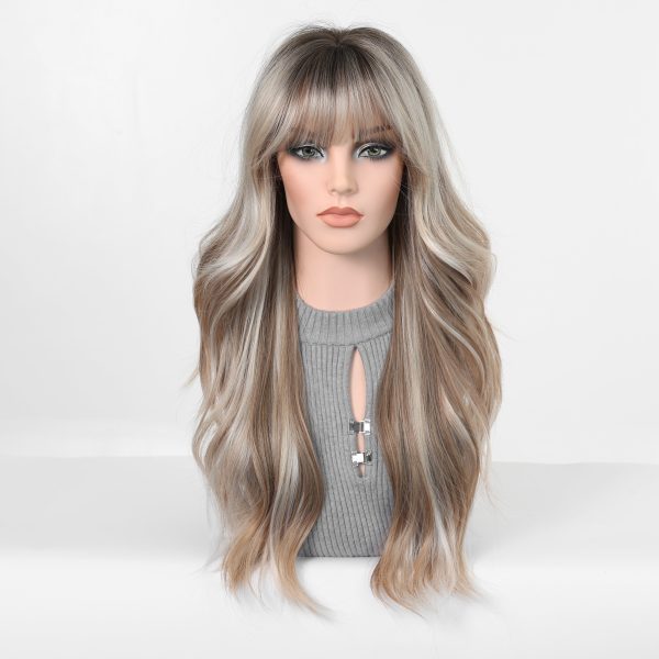 24 Inch Ash Blonde Wavy Wig with Bangs – Cool Highlight Synthetic Hair