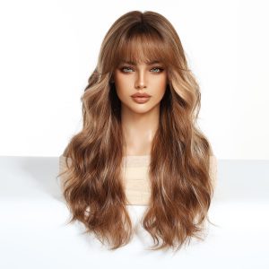 Warm Brown Caramel Balayage Body Wave Wig with Bangs – Honey Blonde Highlights 24 Inch